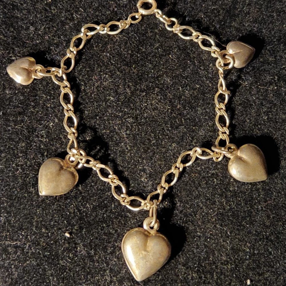 Vintage Sterling Silver Heart Charm Bracelet 5 Puffy Hearts 7-1/2"  16g